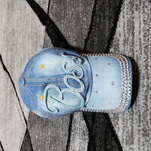 VINTAGE BOSS EMBROIDERED SILVER STUDDED DISTRESSED FAUX LEATHER DENIM CAP HAT